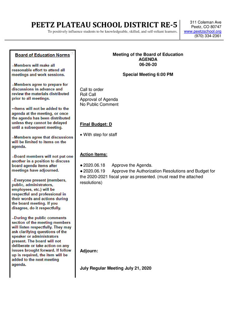 Special BOE Agenda 6-26-20