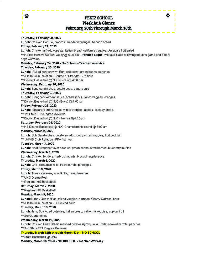 Week at a Glance for Feb 20-Mar 16