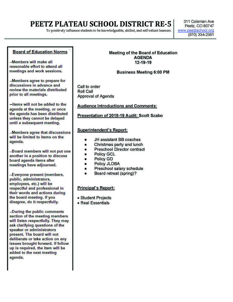 School Board Meeting Thursday 12/19 at 6:00pm